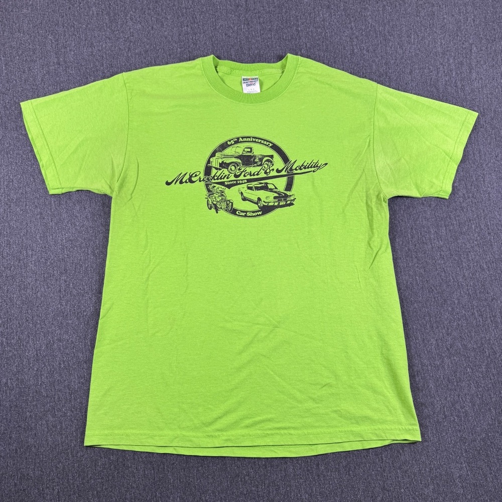 Vintage Jerzees Mens Lime Green‎ McVeklin Ford Mobility Car Show T-Shirt Large